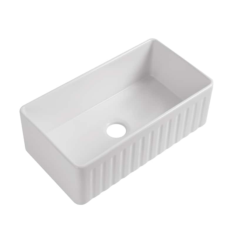 Premium White Fireclay Kitchen Sink for Home, Farmhouse (Grid & Strainer Included)