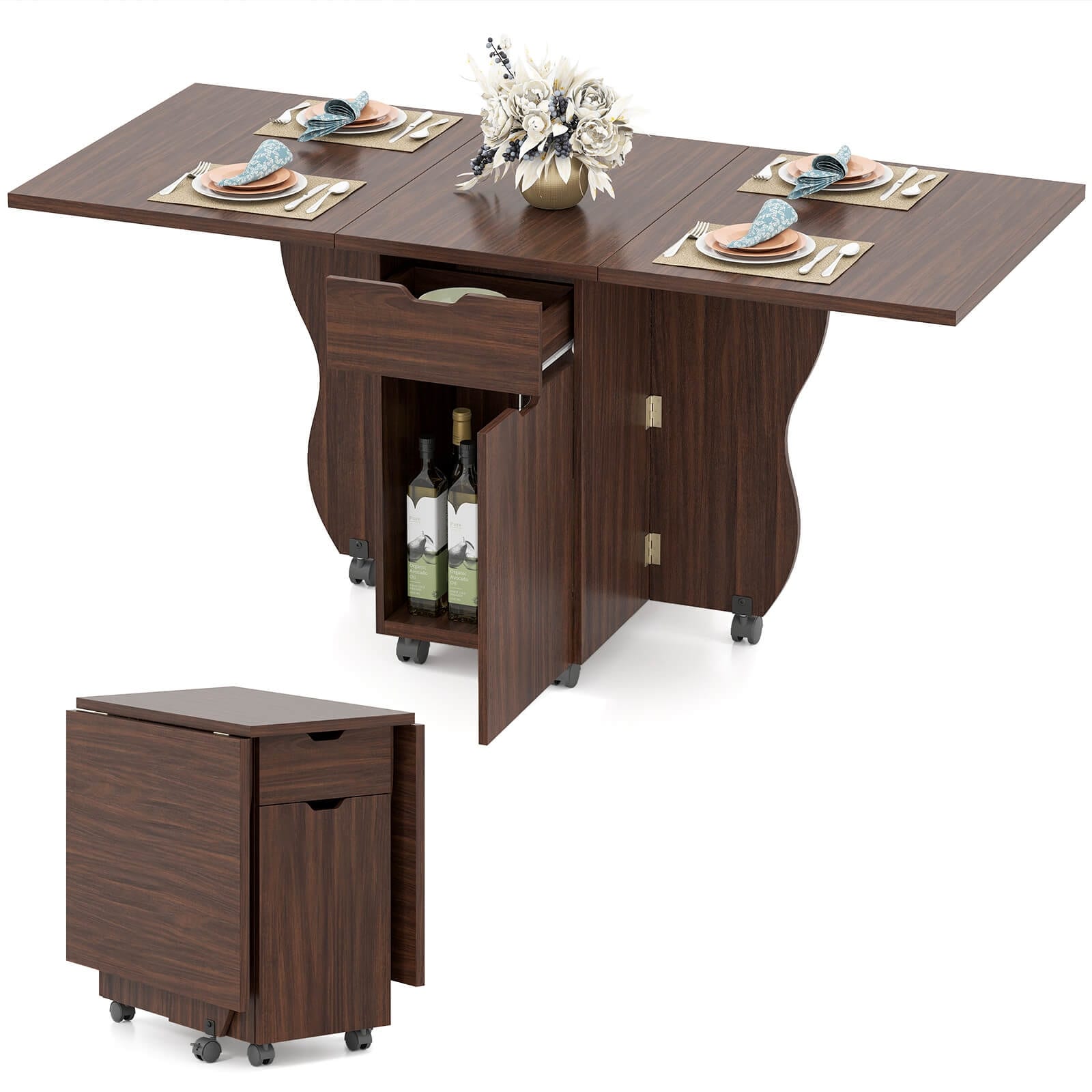 Costway Folding Dining Table with Lockable Wheels, 2 Drawers & 2 - See Details