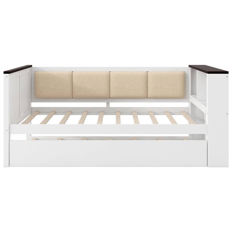 GDFStudio - Modern Wooden Twin Daybed with Storage Shelves, USB and Trundle