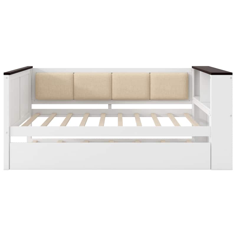 Wood Daybed with Storage Shelves, Charging Station & Upholstered Back by Harper&Bright Designs