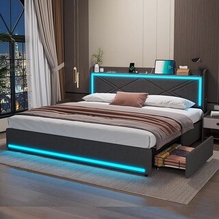 King LED Bed Frame Storage Headboard 4 Drawers Upholstered Platform ...