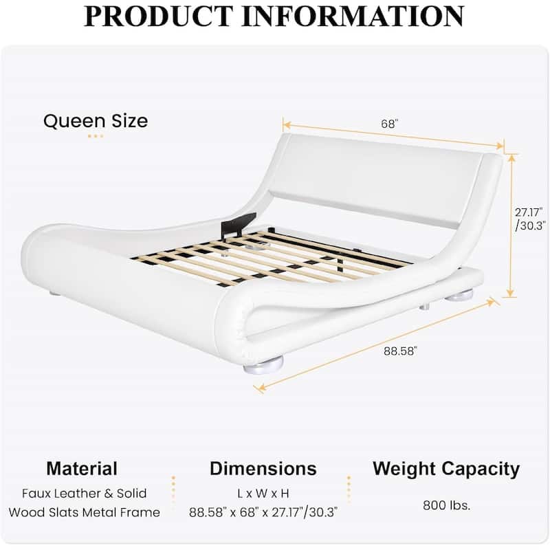 Upholstered White Platform Bed Frame with Curved Headboard and PU Leather