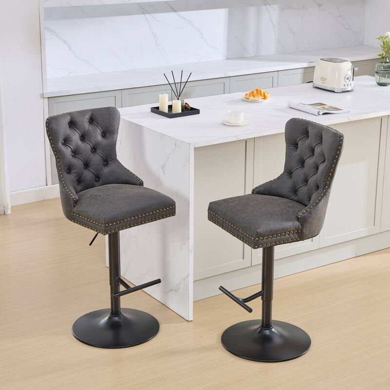 Swivel Barstools Set of 2 Adjusatble Bar Stools w/ Tufted and Footrest
