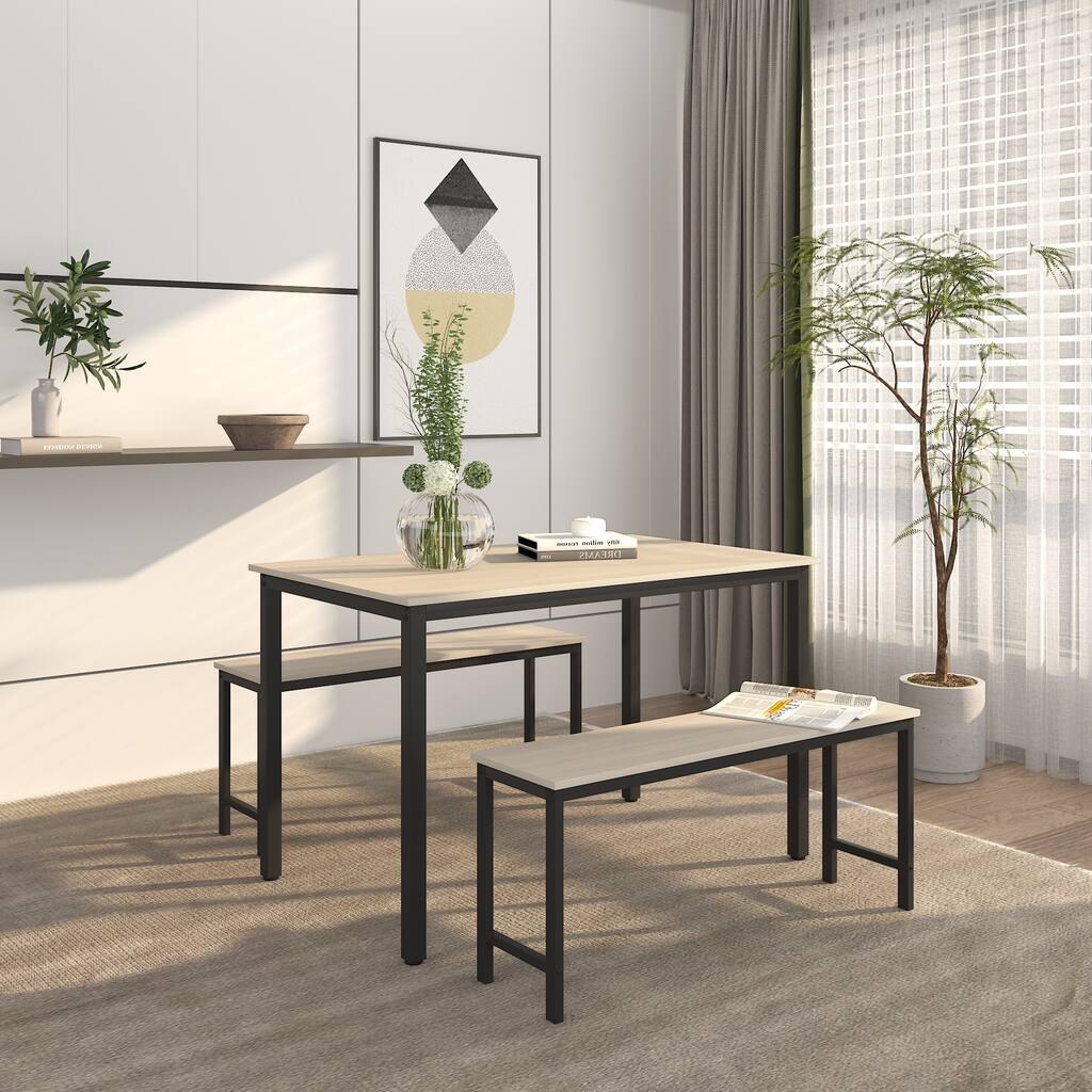 Farmhouse Kitchen Table Set with 2 Benches Metal Frame (3 Piece)