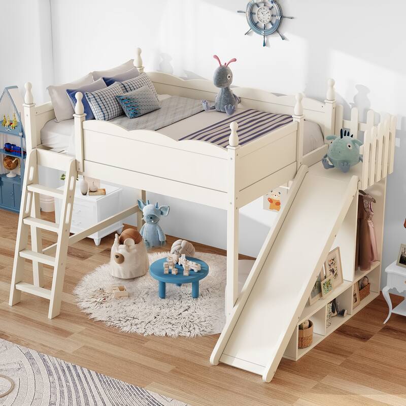 Full Loft Bed with Storage Shelves and Wardrobe, Solid Wood Loft Beds with Detachable Slide and Ladders, No Spring Box Needed - Beige