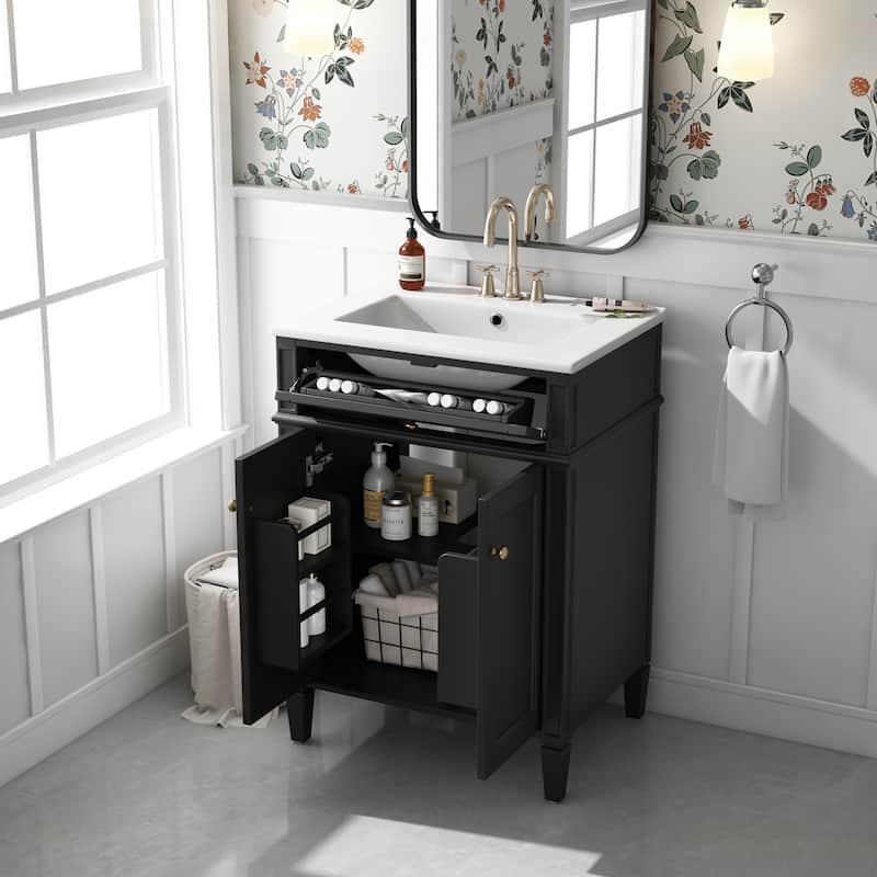 24" Bathroom Vanity With 2 Doors And Tip-Out Drawer, Bathroom Storage Cabinet With Sink, Soft-Closing Doors With Organizers