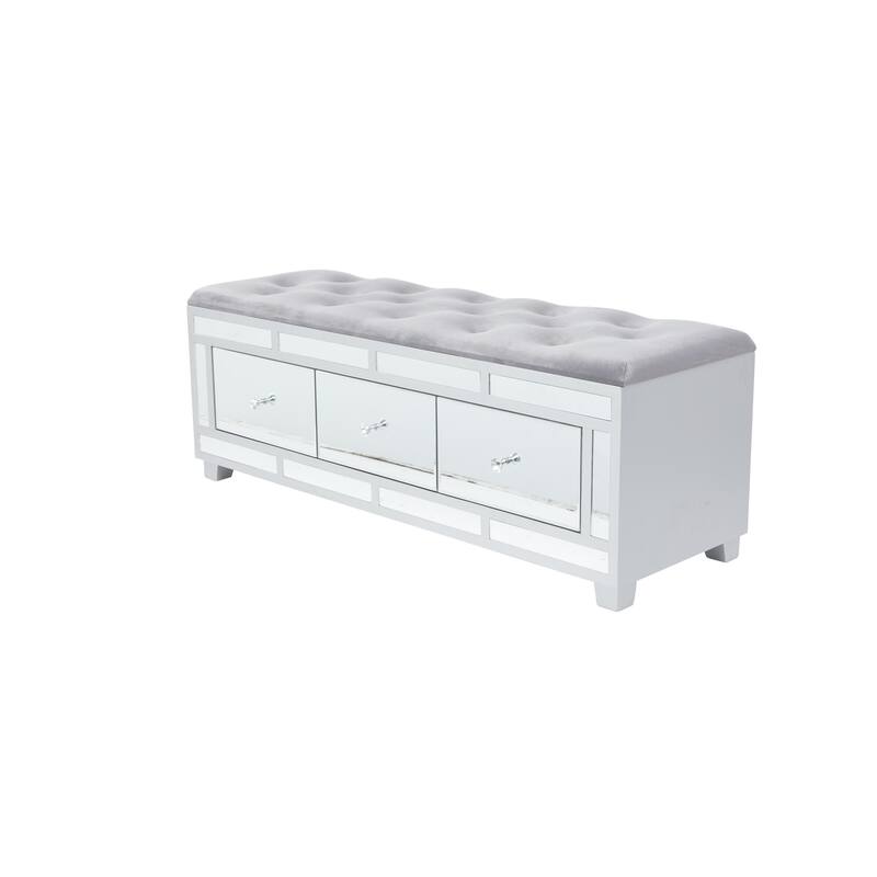 Gray Velvet Mirrored 3 Drawer Room Storage Bench with Upholstered Seat