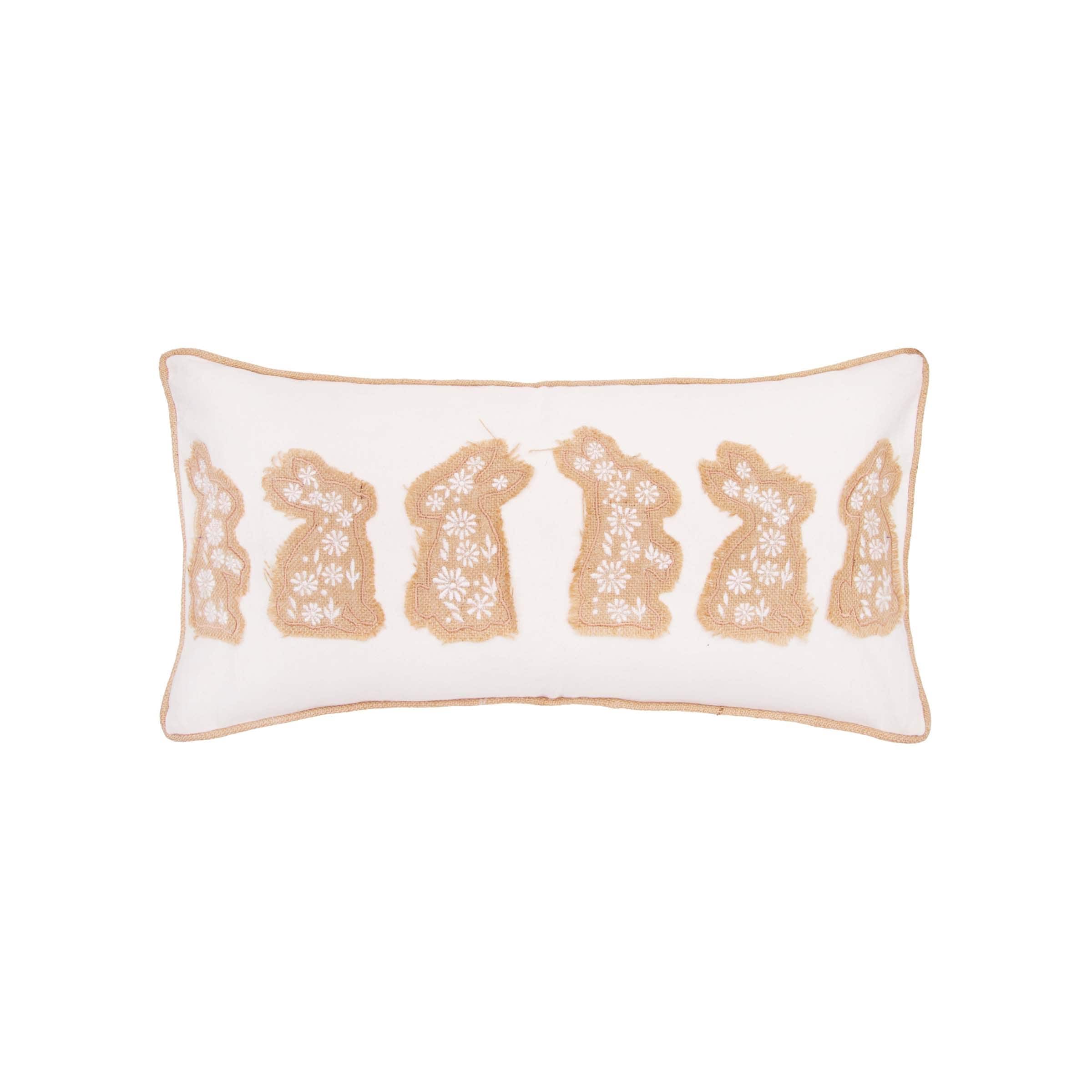 20" x 12" Easter Bunnies in a Row Burlap Embroidered Piped Throw Pillow - Beige