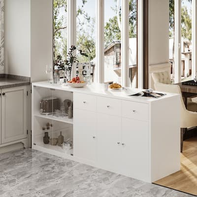Modern Kitchen Island Buffet Cabinet with Storage Drawers and Tempered Glass Shelves, White Sideboard Cupboard