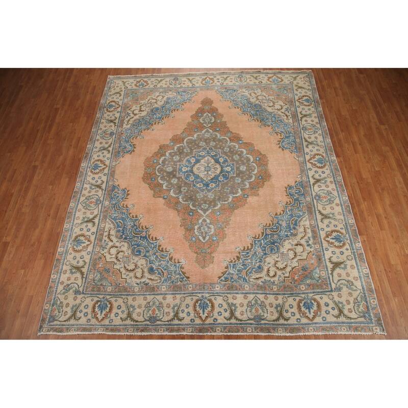 Hand Knotted Oriental 100% Wool Carpet Traditional Medallion Coral Tabriz Area Rug - 11' 7'' X 9' 9''