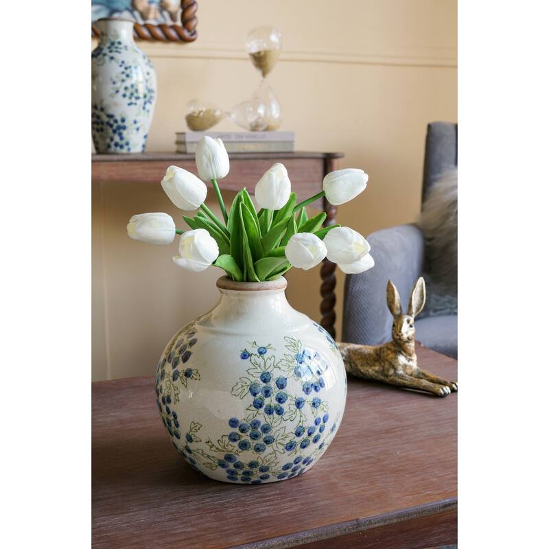 7.9x7.9x7.9" White Ceramic Vase With Blue Berry Motif