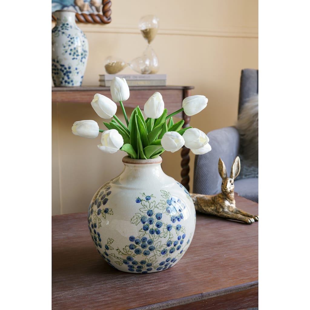 7.9x7.9x7.9" White Ceramic Vase With Blue Berry Motif