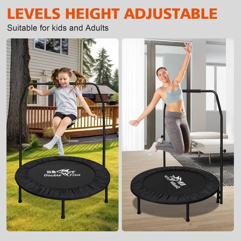 DOUBLE FISH Mini Trampoline - Adjustable Foam Handle, 400Lbs Capacity, Black Rectangular, Fitness Rebounder - 11