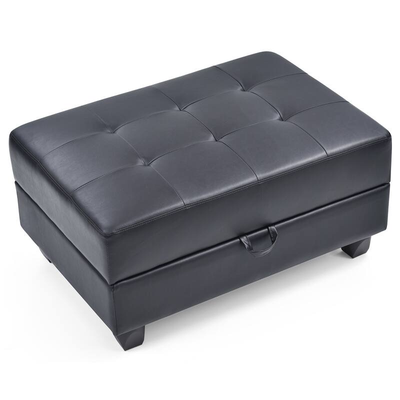 Tufted Faux Leather Storage Ottoman - 37" - Black