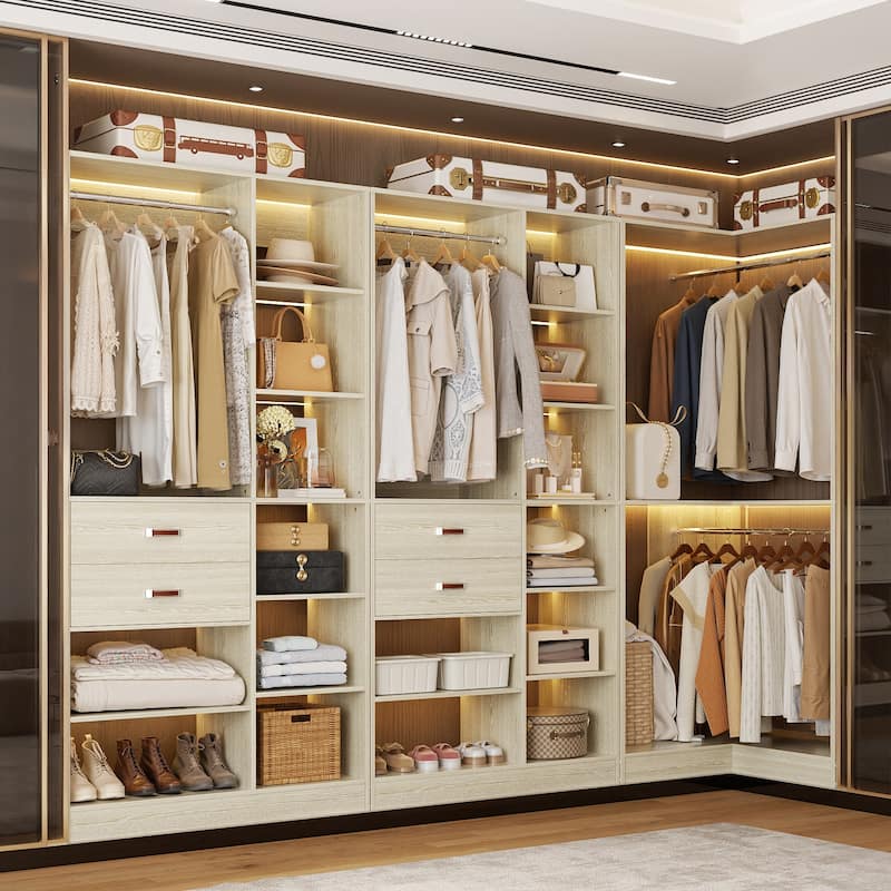 Set of 3 Corner Closet System with Tower Shelves, Closet Organizer with Drawers and Hanging Rods - Washed Oak