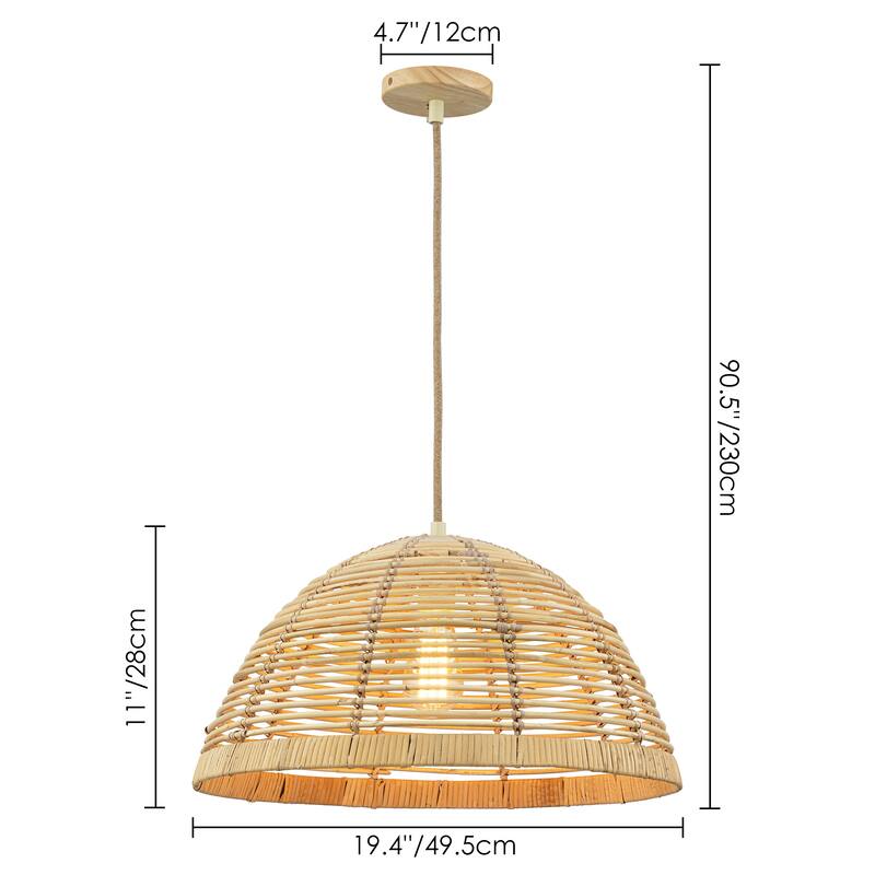 1-Light Farmhouse Rustic Dome Rattan Pendant Light for Kitchen Island - 19.4 in. W x 11 in. H