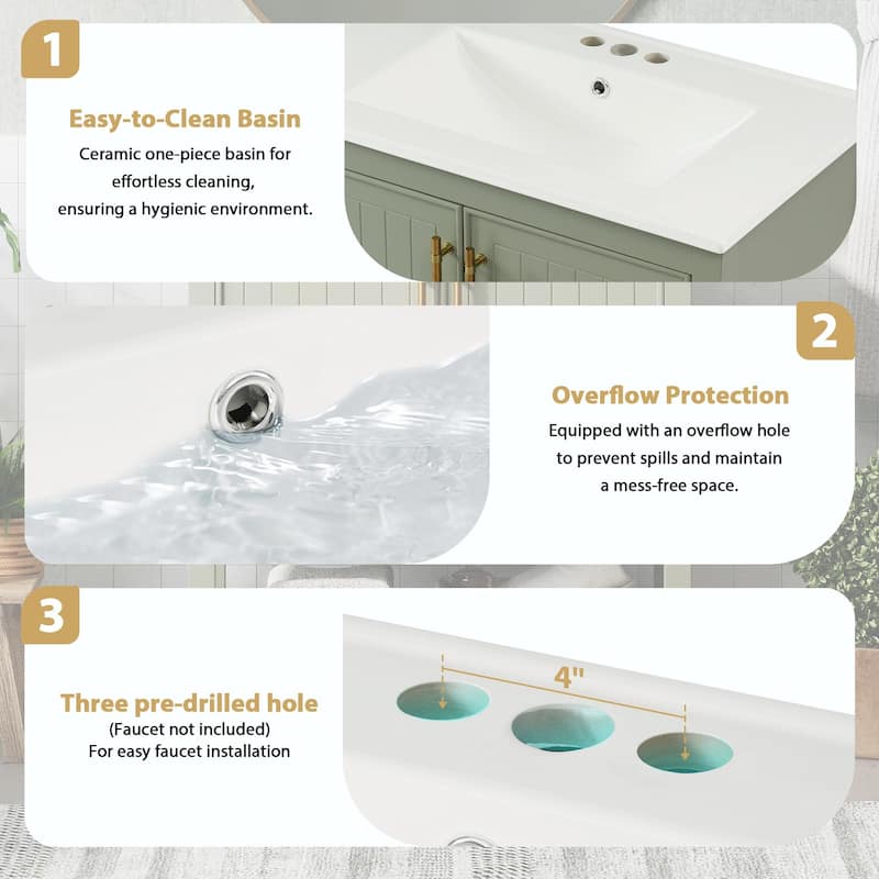 30-Inch Bathroom Vanity with Ceramic Sink and Versatile Storage