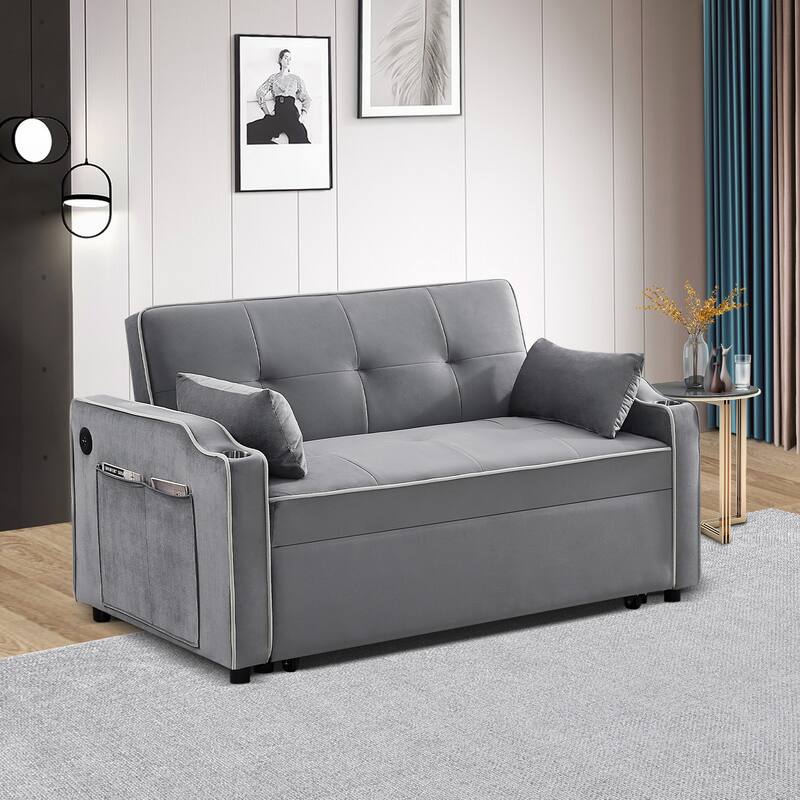 3-in-1 Multi-Functional Velvet Sleeper Sofa Couch with Pullout Bed, Loveseat Sofa Sleeper with USB Port