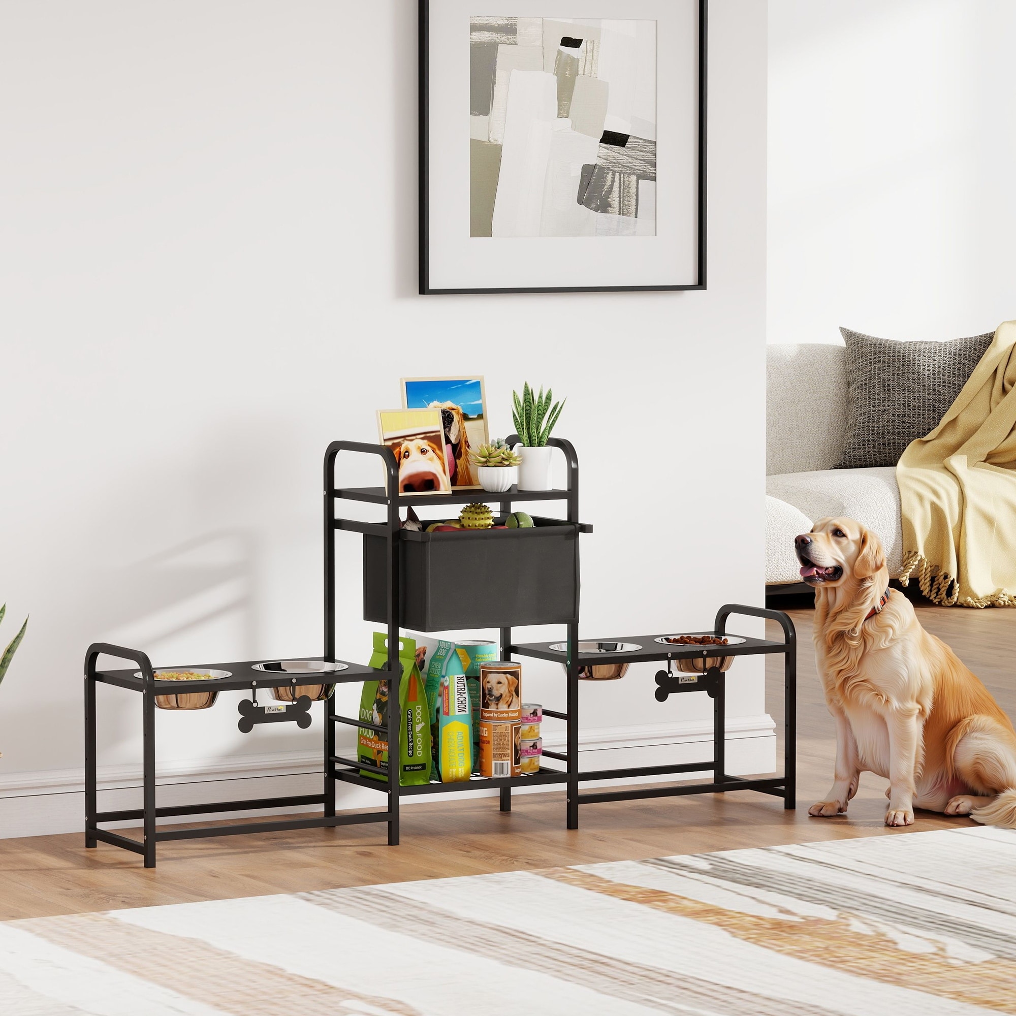 PawHut Dog Bowl Stand with 2 Feeding Stations, 3 Height Adjustable Elevated Dog Bowls with Toy Bin Basket, Lifted Food