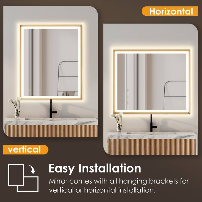 Apollo Rectangular Anti-Fog Dimmable Modern Bathroom/Vanity LED Lighted Wall Mirror in Brushed Gold Aluminum Framed