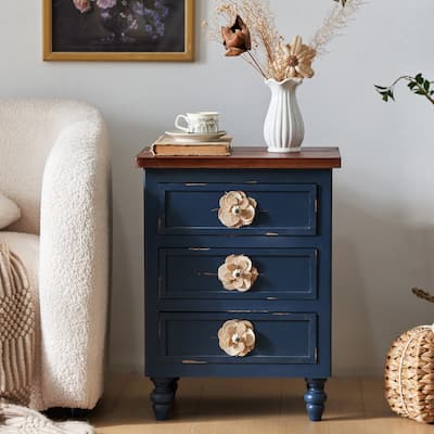 Vintage Farmhouse End Table With Floral Knobs - 19" Rustic Nightstand, 3 Drawers & Gourd Legs, Bedside/Sofa Accent Table