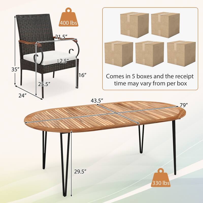Gymax 9 PCS Acacia Wood Table & 8 Patio Wicker Armchairs Patio Rattan