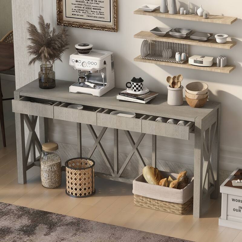 60''Acacia Veneer Console Table with 4 Spacious Drawers, Modern Crisscross Design Entryway Table with Open Bottom Storage