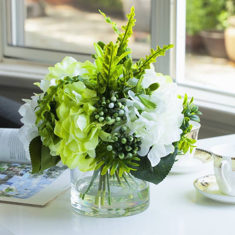 Enova Home Artificial Mixed Fake Silk Hydrangea Flowers Arrangement in Clear Glass Vase for Home Office Decoration