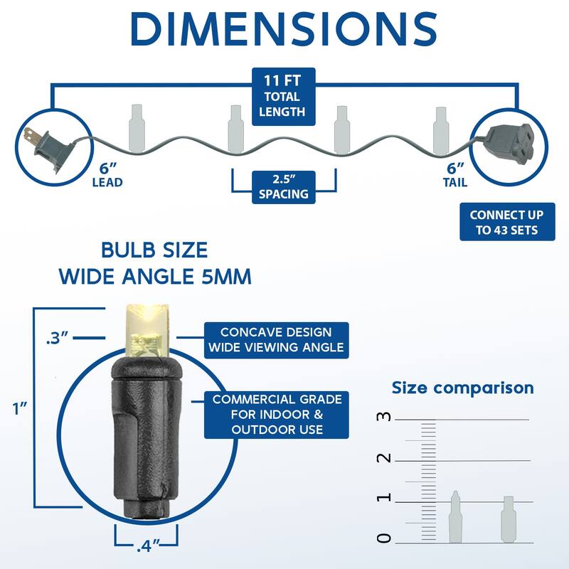 50 Light LED Christmas Mini Light Set, Patio Lights, Warm White, Black Wire, 11’