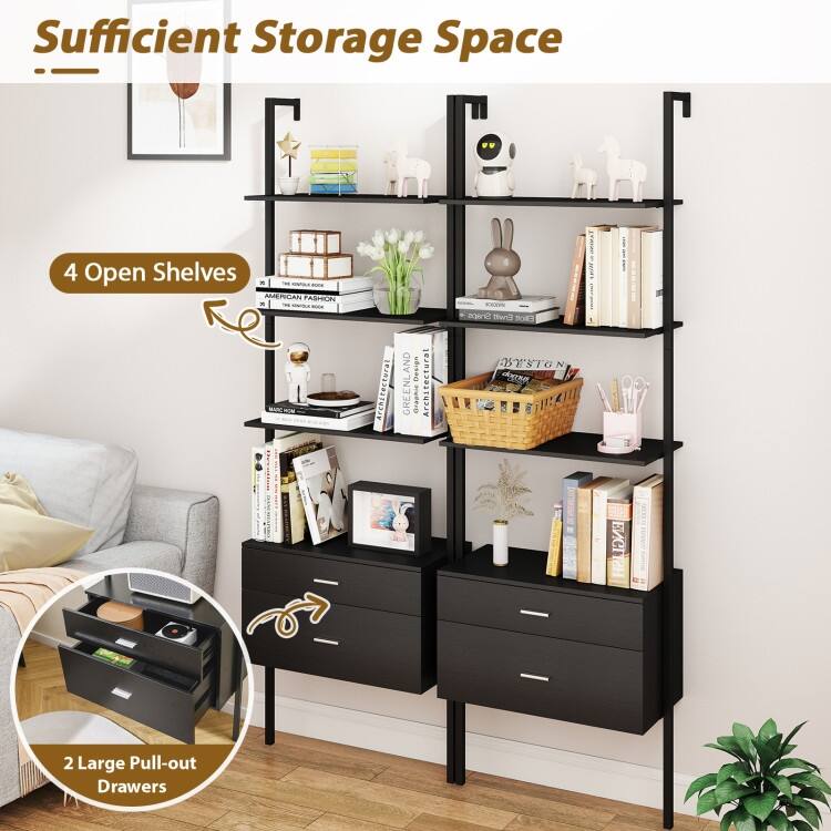Black Engineered Wood Ladder Bookcase with Metal Frame and Drawers - 23.5" x 12" x 72.5"