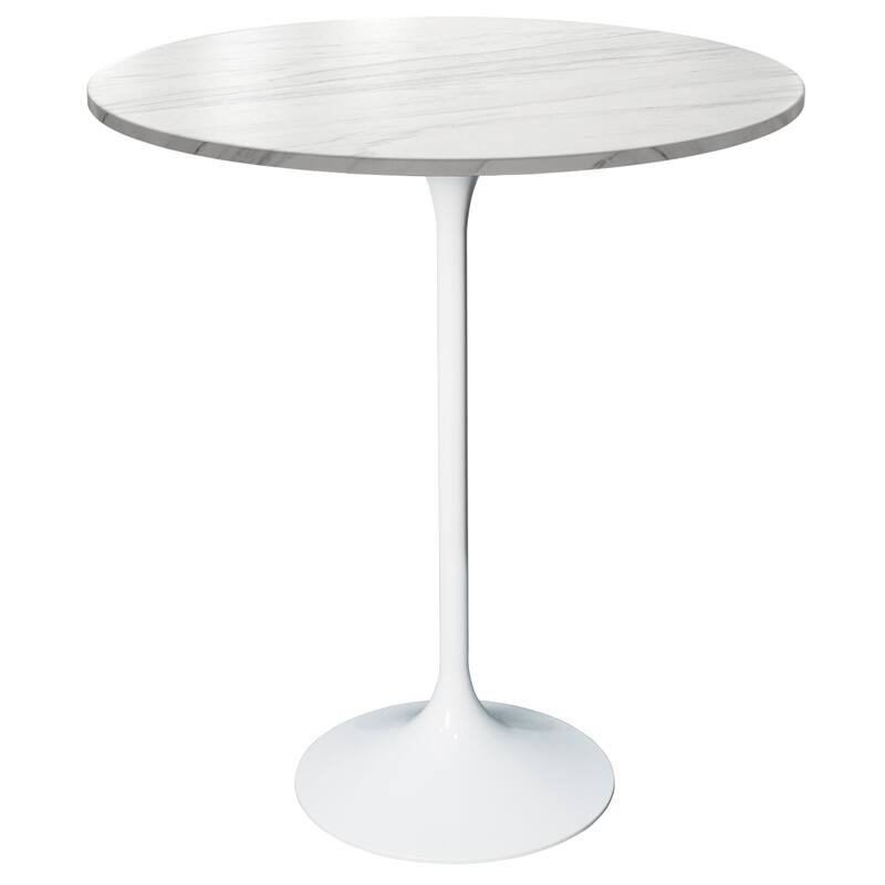 LeisureMod Verve 27" Bar Dining Table with Sintered Stone Round Top in White Steel, White Marbleized - Marble White