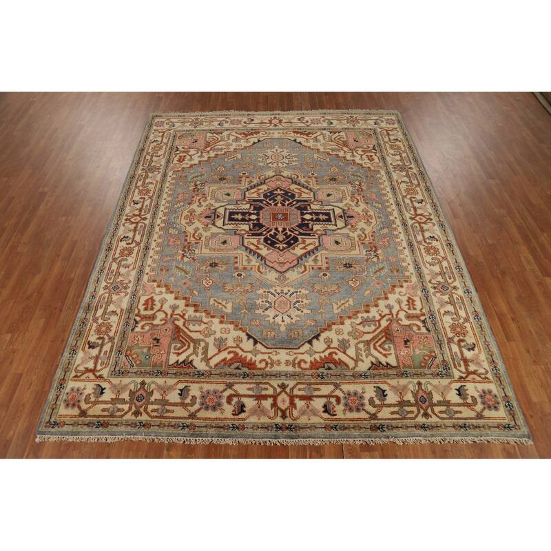 Geometric Heriz Serapi Indian Rug Hand-Knotted Wool Carpet - 7'11"x 9'10"