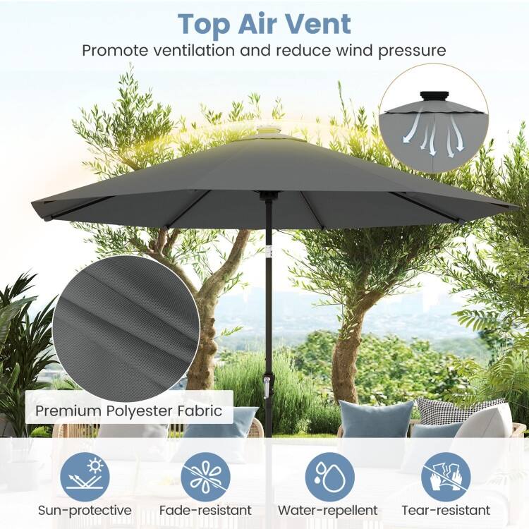 Polyester Metal Solar Patio Umbrella with LED Lights