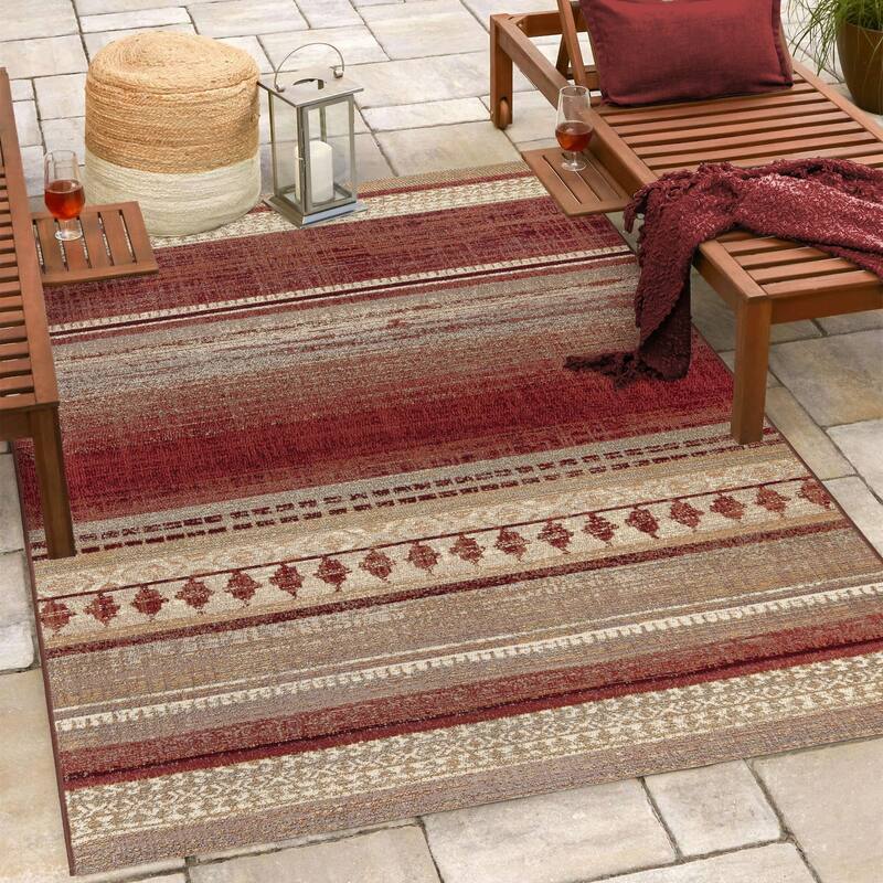 Gertmenian Lux Fuego Casual Red Brown Ombre UV Protected Fade Resistant Polypropylene Flatweave Indoor/ Outdoor Area Rug, 5x8