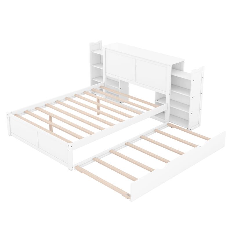 White Full Size Storage Platform Bed with Pull-Out Shelves and Twin Trundle
