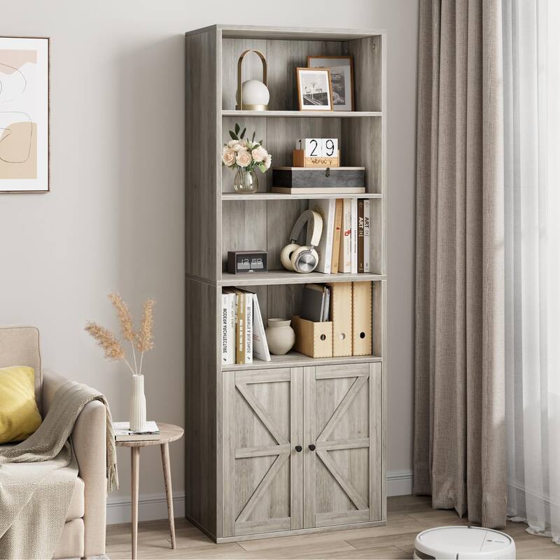 Bookcase with Doors Farmhouse Bookshelf - Grey