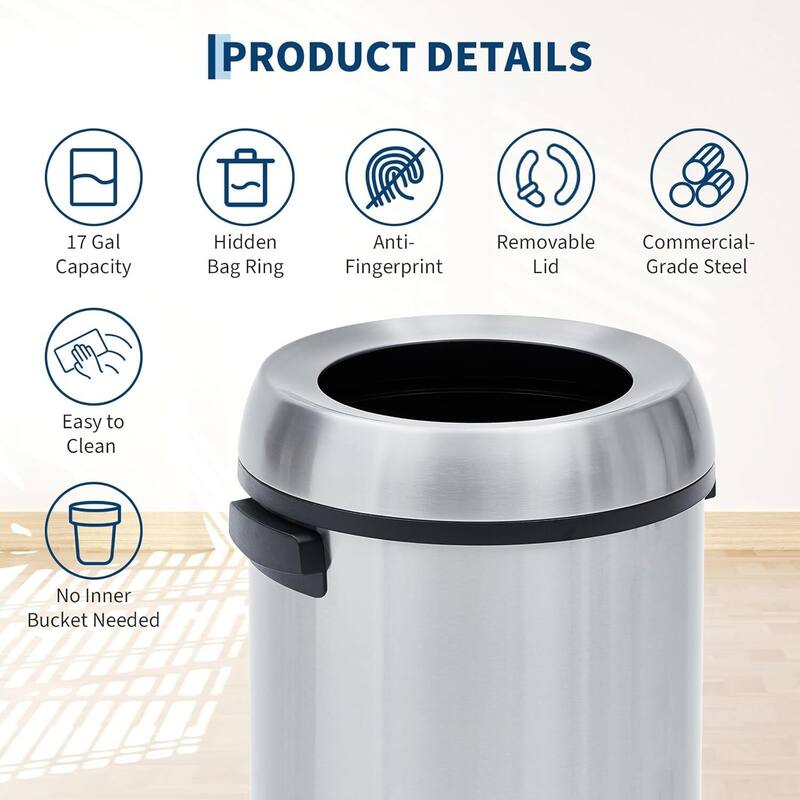 17 Gallon Commercial Stainless Steel Trash Can with Open-Top