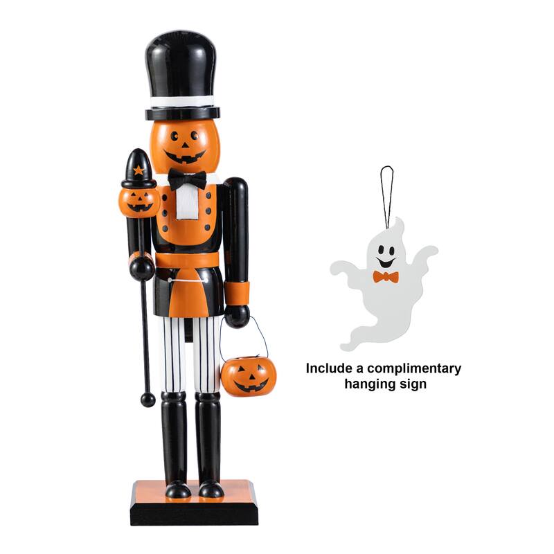 Glitzhome 18.50"H Halloween Wood Pumpkin Nutcracker with Ghost Ornament