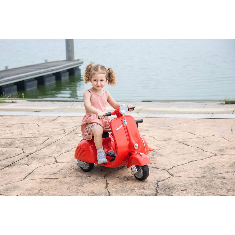 6V Licensed Vespa Scooter Motorcycle with Sidecar for Kids, Dual Seats, Storage, Headlights, and Music 鈥?For Ages 3+ - Red