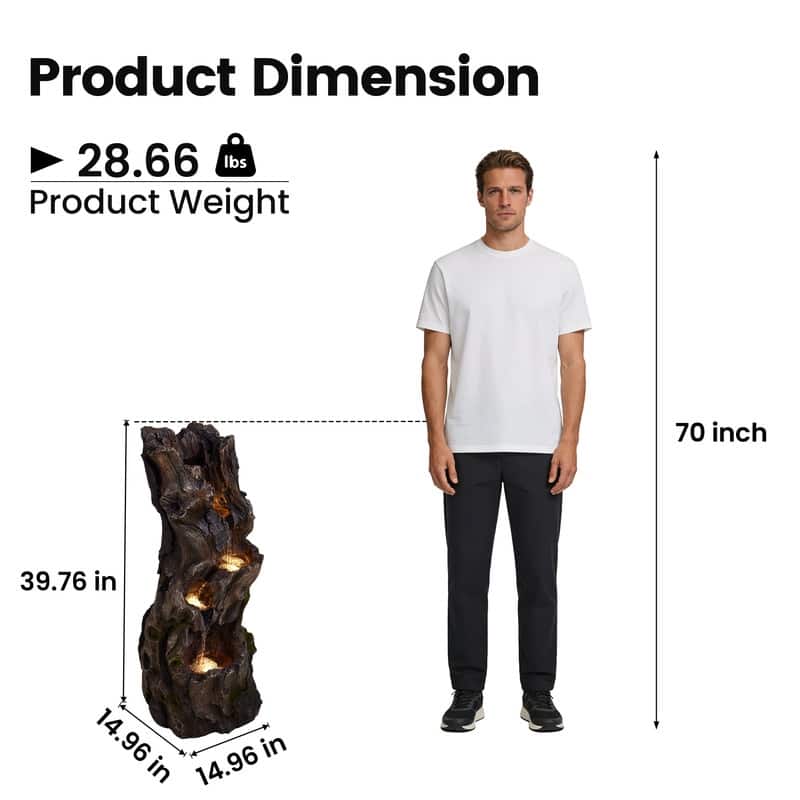 3 Tier Log Look Outdoor Water Fountain with Natural Stream Sound and Lights