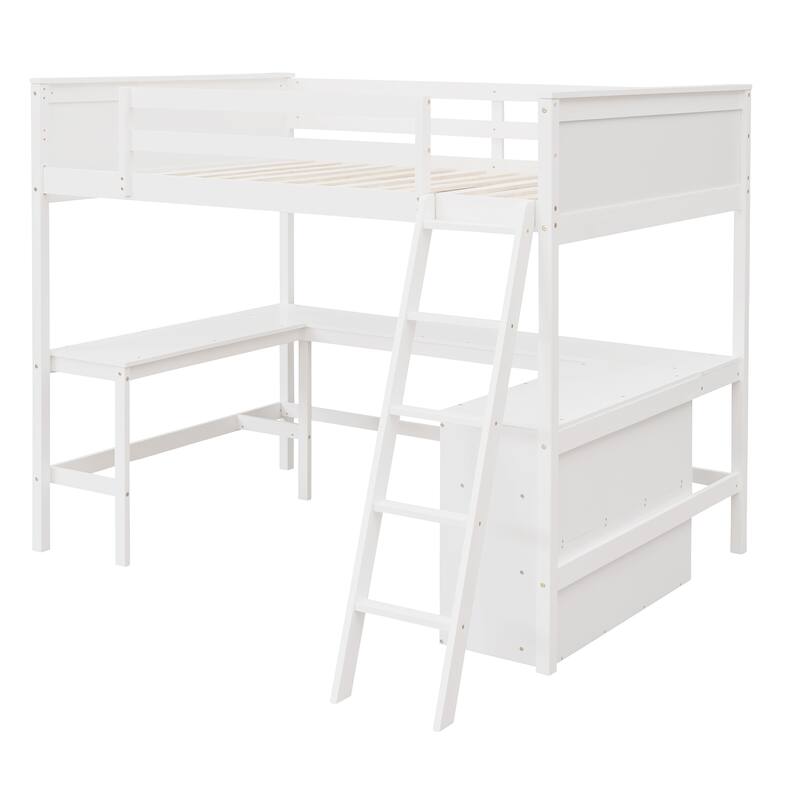 Full Size Wooden Loft Bed with Shelves and Desk in White