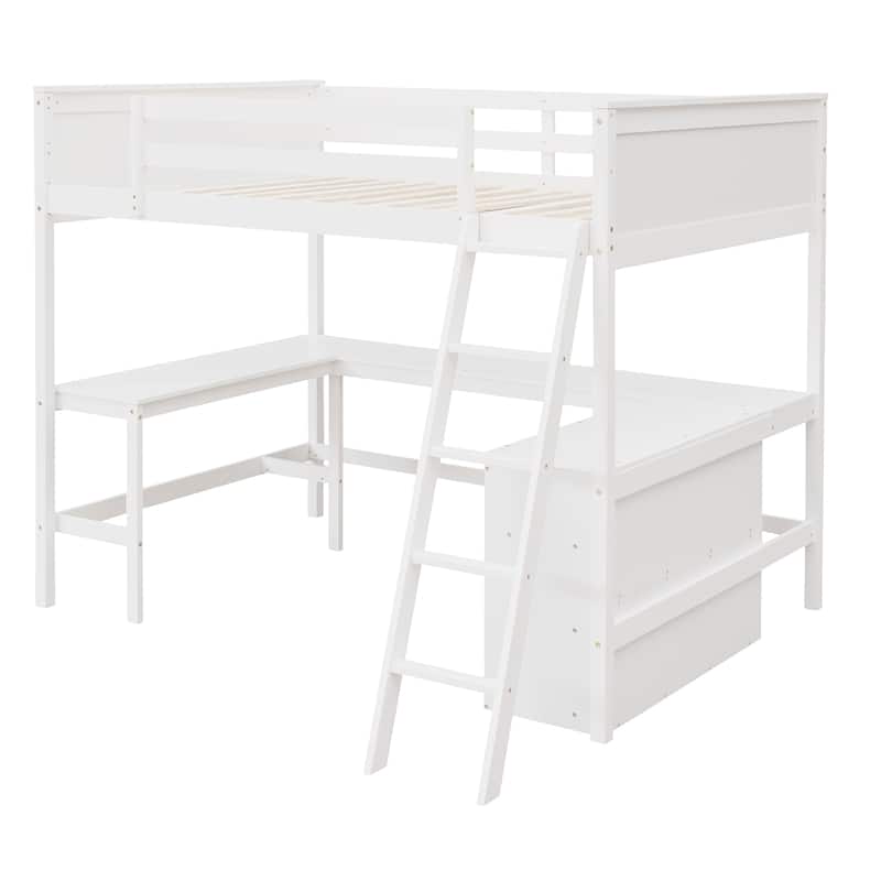 Full size Loft Bed with Shelves and Desk, Wooden Loft Bed with Desk - White - N/A