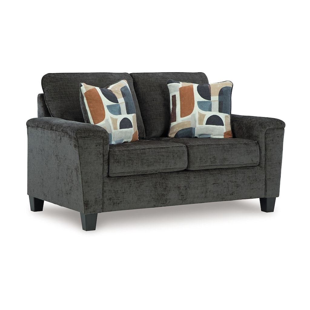 Erin Loveseat, 2 Accent Throw Pillows, 61 Inch Dark Gray Polyester