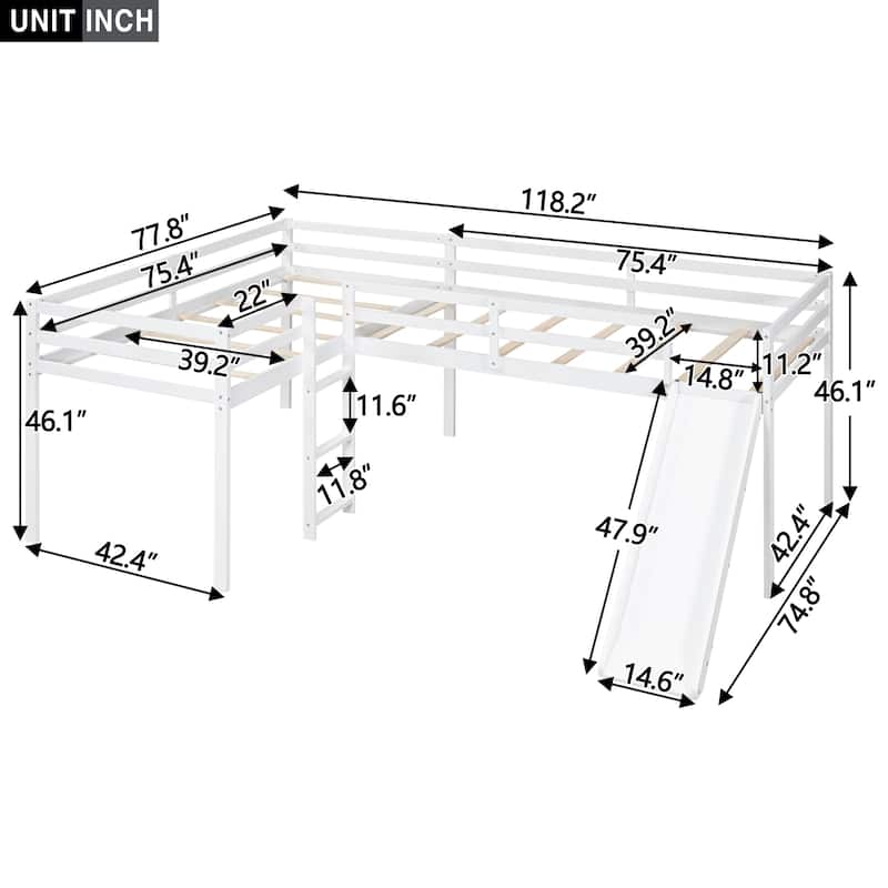 L-Shaped Twin Size Loft Platform Bed Frame with Ladder and Slide, Space-Saving Design with Fun Features for Kids Bedrooms