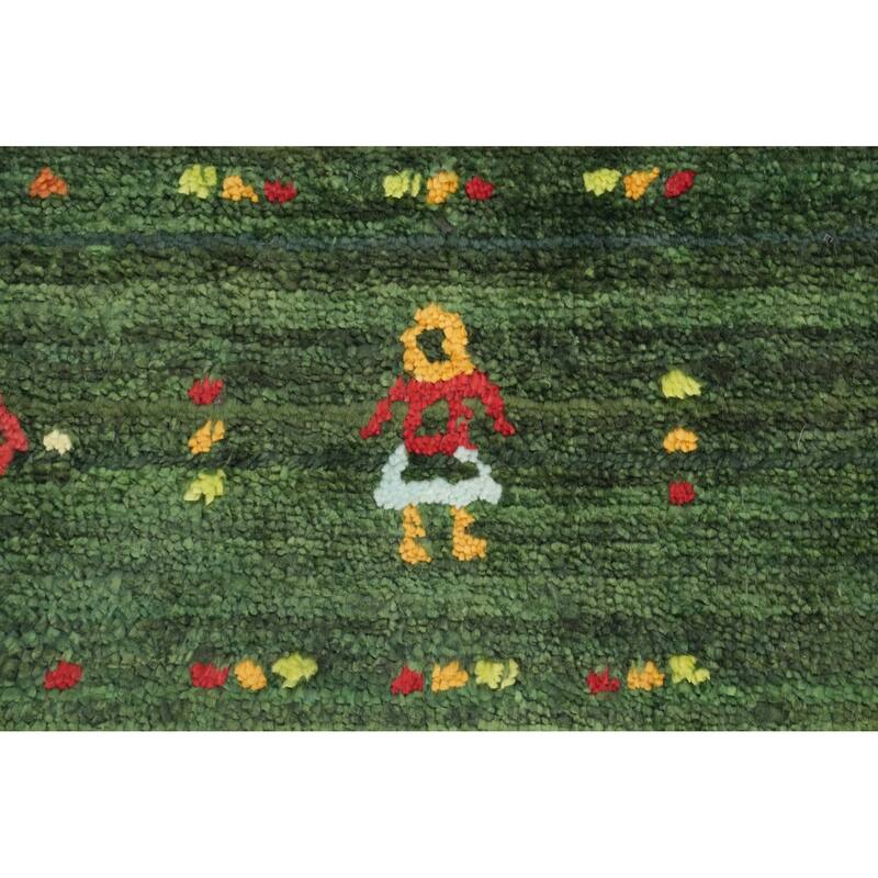 Hand Knotted Oriental Viscose Silk Carpet Tribal Animal Pictorial Green Gabbeh Runner Rug - 7' 6'' X 2' 8''
