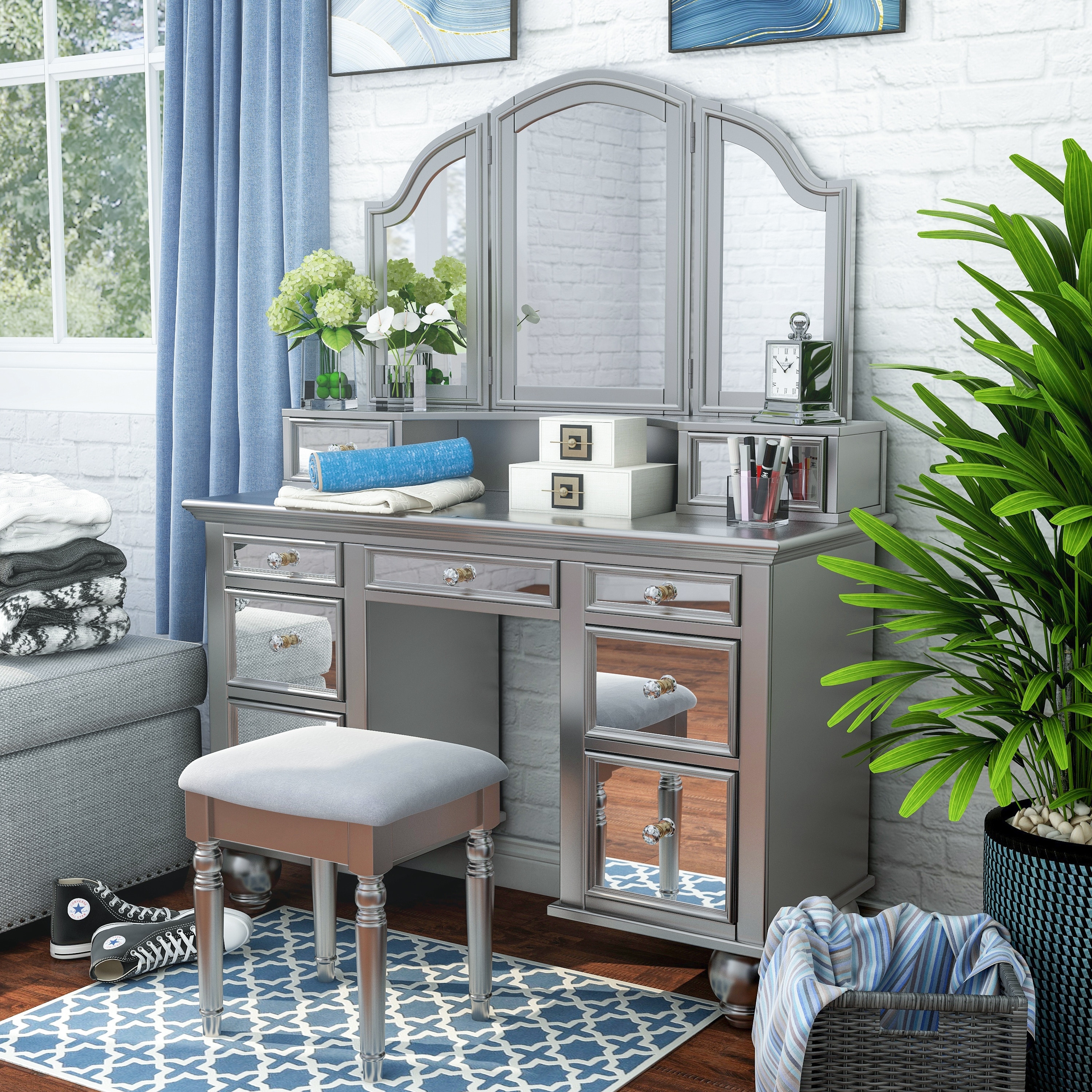 Furniture of America Nena Glam Wood 3-Piece Makeup Vanity