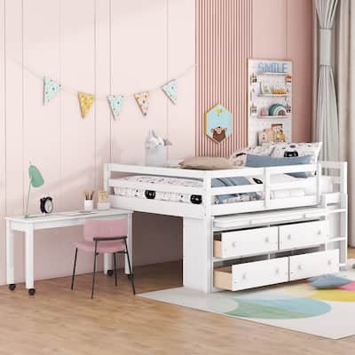 Full Size Loft Bed with Retractable Writing Desk and 4 Drawers, Wooden Loft Bed with Lateral Portable Desk and Shelves, White