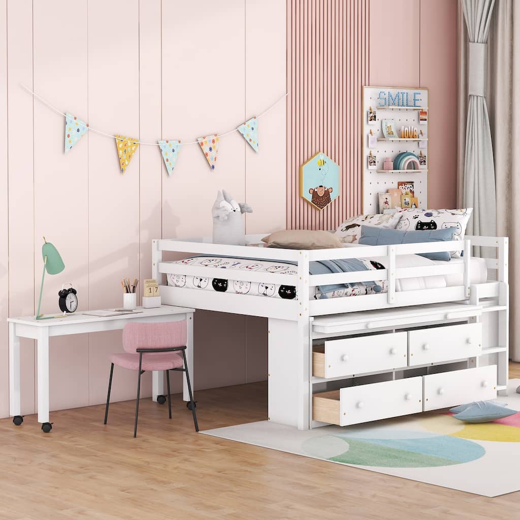 Twin/Full Size Low Loft Bed with Retractable Writing Desk and 4 Drawers, Wooden Loft Bed Frame w/ Lateral Portable Desk & Ladder