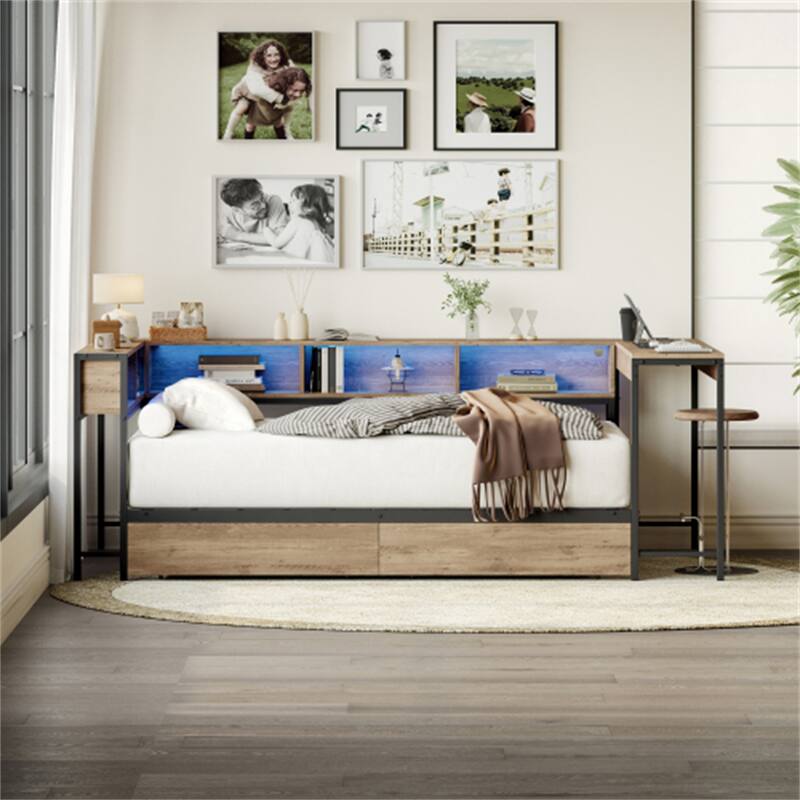 Corner Bed Frame Full Size with 2 Underbed Storage Drawers, LED Light & Charging Station