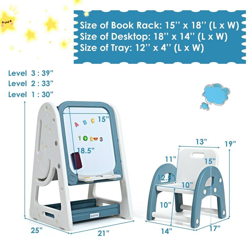 2 in 1 Kids Easel Desk Chair Set Book Rack Adjustable Art Painting Board - 25'' x 21'' x 30'' – 39'' (L x W x H)